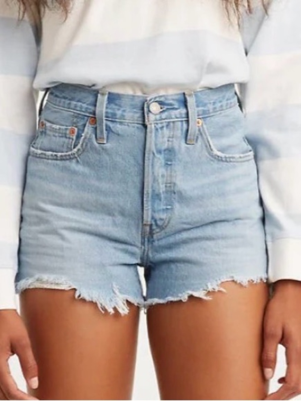 Levi's 501 “Capital E” Light Blue High-Rise Frayed Hem Denim Shorts Waist 28 - Picture 11 of 11